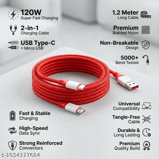 120W 2-in-1 Fast Charging Cable USB to Type-C & Micro USB | 1.2 Meter Nylon Braided Cable | High-Speed Data Sync | Universal Charging Cable for Android Phones, Tablets & Power Banks - Design Fasion Store