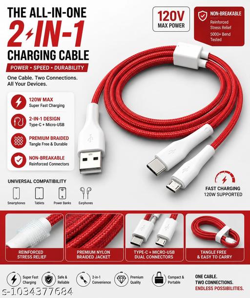 120W 2-in-1 Fast Charging Cable USB to Type-C & Micro USB | 1.2 Meter Nylon Braided Cable | High-Speed Data Sync | Universal Charging Cable for Android Phones, Tablets & Power Banks - Design Fasion Store