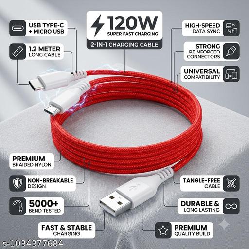 120W 2-in-1 Fast Charging Cable USB to Type-C & Micro USB | 1.2 Meter Nylon Braided Cable | High-Speed Data Sync | Universal Charging Cable for Android Phones, Tablets & Power Banks - Design Fasion Store