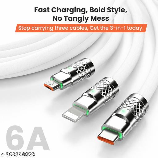 Treziya 3-in-1 Fast Charging Supports Cable 6A, USB to Type-C + Lightning + Micro USB Data Sync Cable, 1 Meter - Design Fasion Store