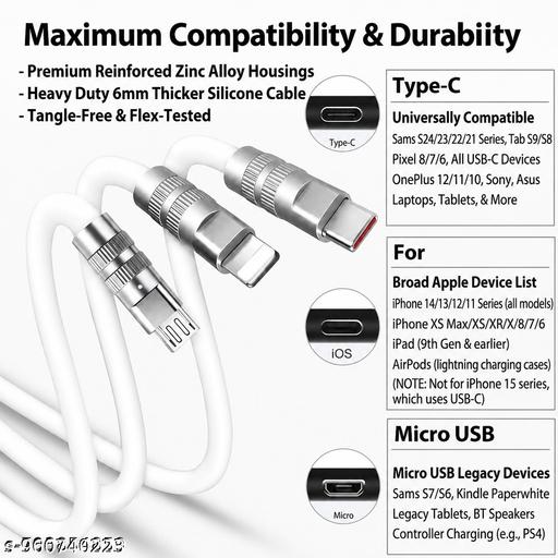 Treziya 3-in-1 Fast Charging Supports Cable 6A, USB to Type-C + Lightning + Micro USB Data Sync Cable, 1 Meter - Design Fasion Store