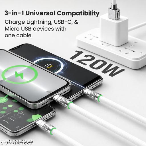 Treziya 3-in-1 Fast Charging Supports Cable 6A, USB to Type-C + Lightning + Micro USB Data Sync Cable, 1 Meter - Design Fasion Store
