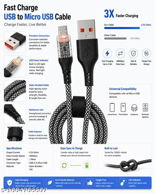 Premium Micro USB Charging Cable | USB-A to Micro USB Fast Charge & Data Transfer Cable | Braided Tangle-Free Cord with Transparent Connector - Design Fasion Store