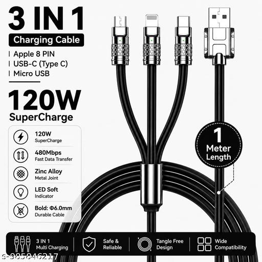 MJM 3 In 1 Black Fast Charging Cable 120W Super Charge USB Cable with Type C, Micro USB & 8 Pin Connector 1 Meter - Design Fasion Store